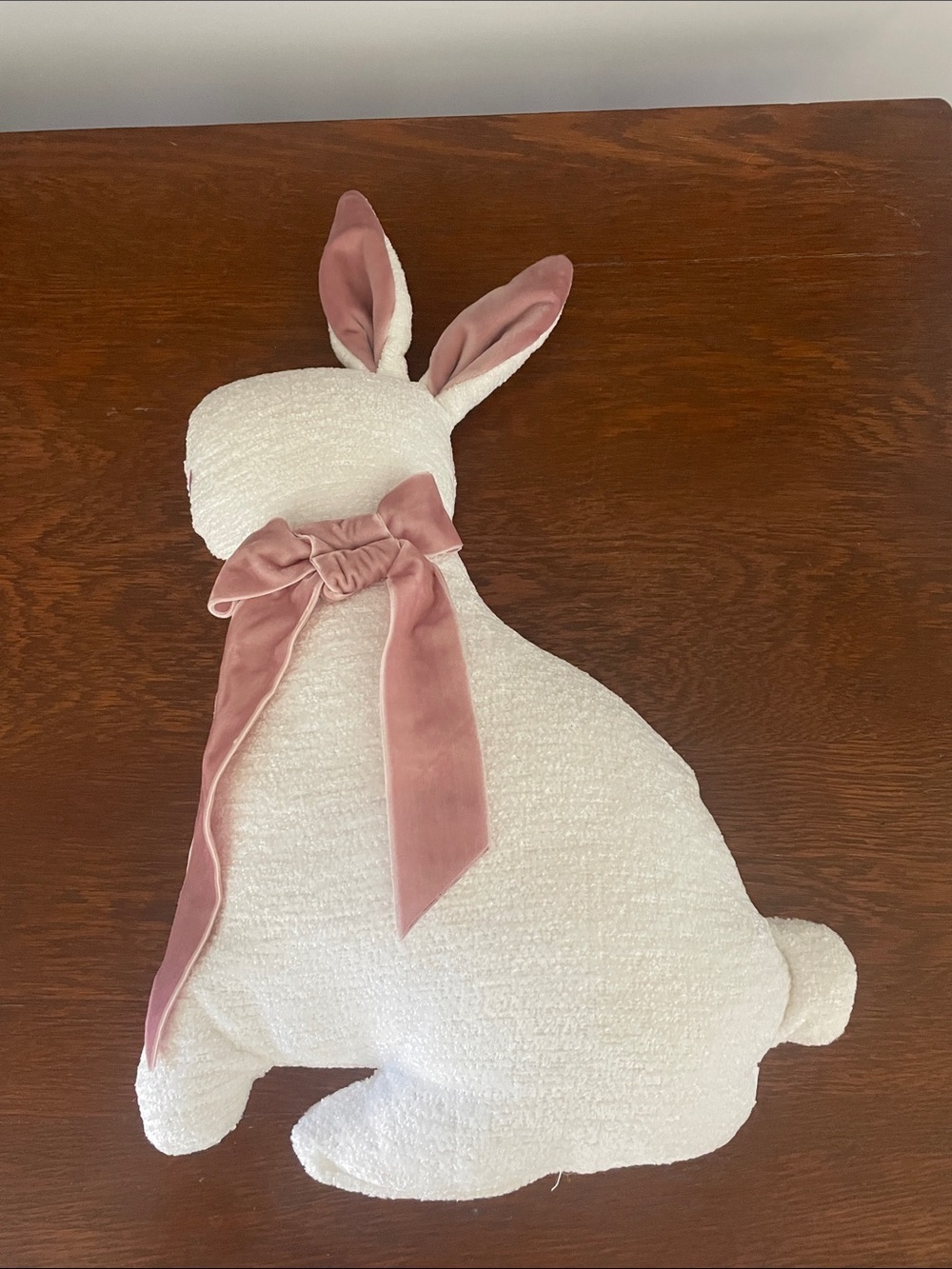 Shabby Chic White Bunny Accent Pillow with Dusty Pink Bow